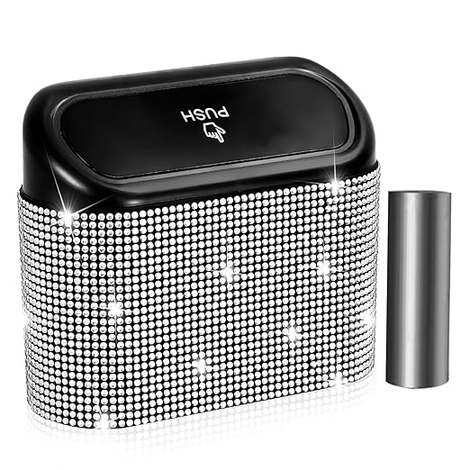 NBTEPEM Bling Car Trash Can with Lid, Mini Auto Garbage Can with 30 Trash Bags, Leakproof Automotive Garbage Container Bin, Bling Car Accessories Trash Can for Women (Silver Diamond)