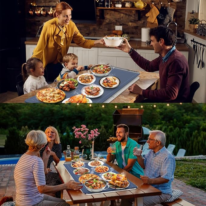 FYY Extra Large Warming Mat for Food with Heat Resistant Pad, Prevent Countertop Cracks, Keep Meal Warm, Rapid and Full Surface Heating, 6 Temp Settings, 6H Timer, Rollable Portable Food Warmer, Blue