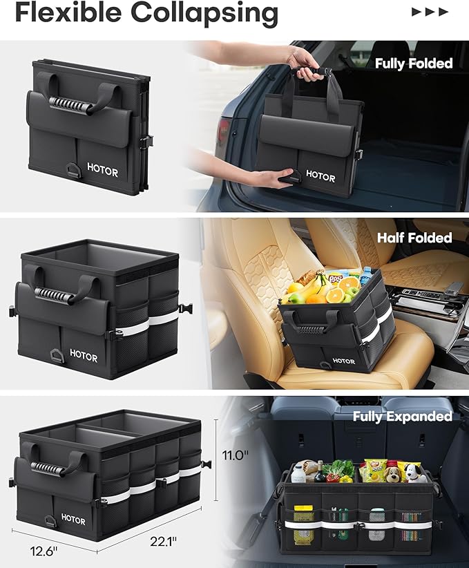 HOTOR Car Trunk Organizer - Foldable Trunk Organizer for SUV, Car Storage with Reflective Strips & Securing Cover, Large Capacity Car Accessories for Truck, Van & Sedan, Black, 22.1" x 12.6" x 11.0"
