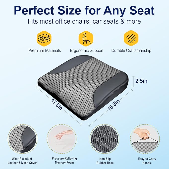 kingphenix Car Seat Cushion – Memory Foam Pad for Driving Comfort – Boosts Height and Relieves Coccyx & Lower Back Pain – Car, Truck, Office Chair (Black & Gray)