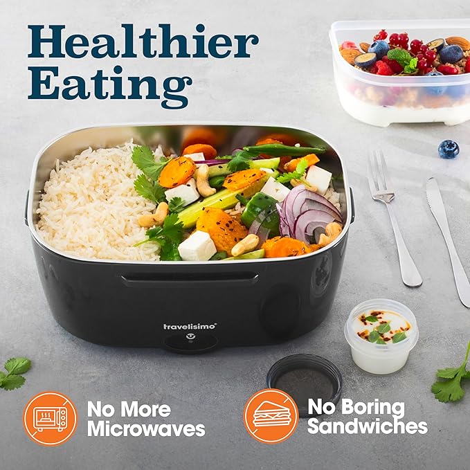 TRAVELISIMO Electric Lunch Box for Adults, 80W Heated Lunch Box 1.5L Stainless Steel Portable Food Warmer, 12/24/110V Lonchera Electrica Portatil for Travel & Work, Loncheras para Hombres de Trabajo