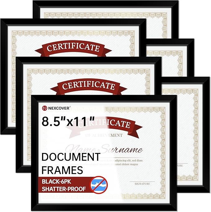 NEXCOVER Diploma Frame Black 6 Pack, 8.5 x 11 Certificate Frame with HD Plexiglass, 8.5 by 11 Picture Frames for Documents, Photos, Posters, Artworks, Horizontal and Vertical Wall Display