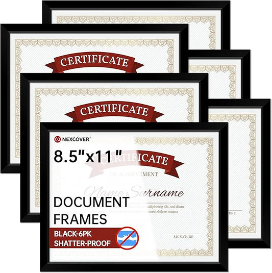 NEXCOVER Diploma Frame Black 6 Pack, 8.5 x 11 Certificate Frame with HD Plexiglass, 8.5 by 11 Picture Frames for Documents, Photos, Posters, Artworks, Horizontal and Vertical Wall Display