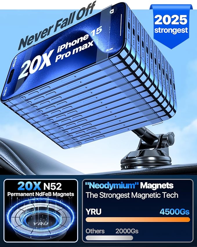 YRU[2025 Upgraded Magnetic Phone Holder for Car【Patented & Super Magnet】 for MagSafe Car Mount Dashboard Magnet Phone Holder Windshield Phone Stand for iPhone 16 15 14 13 Pro Max Samsung, Light Blue
