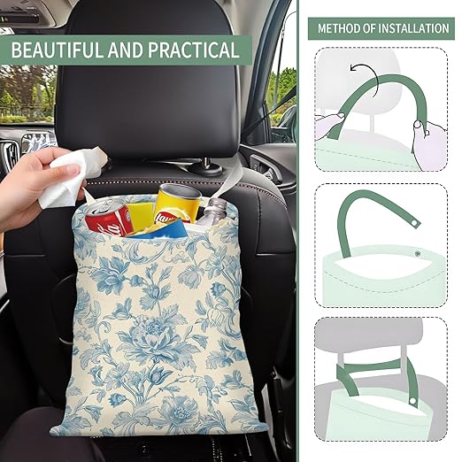 Cute Car Trash Can, Hanging Canvas Car Back Seat Organizer and Storage Bag, Funny Car Trash Bag For Travelling, Outdoor Watercolor Blue Flower