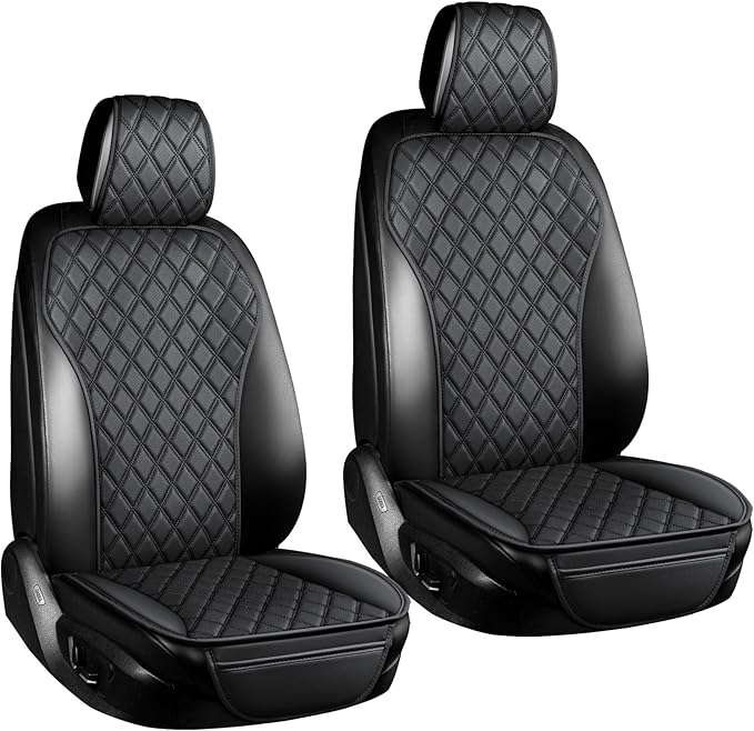 2PCS Leather Car Seat Covers, Front Seat Covers with Steering Wheel Cover and Two Seat Belt Pads, Waterproof Seat Protector for Cars Universal Fit 95% Vehicles (Black)