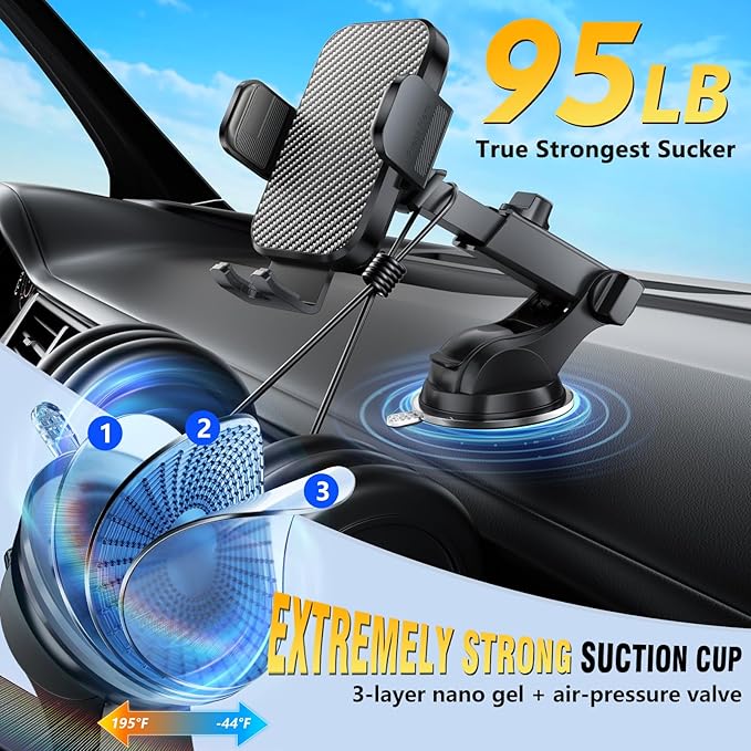 Phone Holders for Your Car 2025 Upgraded Military-Grade Strongest Suction & Stable Clamp Arm Car Phone Holder Mount 360°Adjustable for Dashboard, Windshield, Air Vent for iPhone Samsung, Carbon Fiber