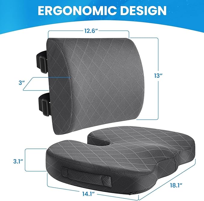 TushGuard Office Chair Cushions with Handles, Back&Seat Cushion, Sciatica & Back Coccyx Tailbone Discomfort Easing Chair Pad, Memory Foam Lumbar Support Pillow for Gaming, Desk, Wheelchair, Car(Grey)