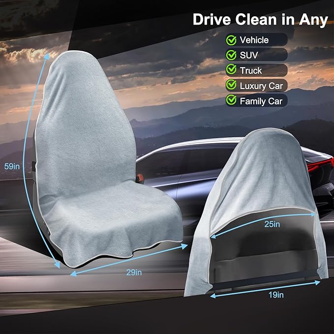 Car Seat Towel Cover, 2pcs Universal Front Seat Protector for Cars, SUVs and Trucks, Sweat Towel Car Seat Cover for Gym, Yoga, Swimming, Pets and Family Travel, Light Gray