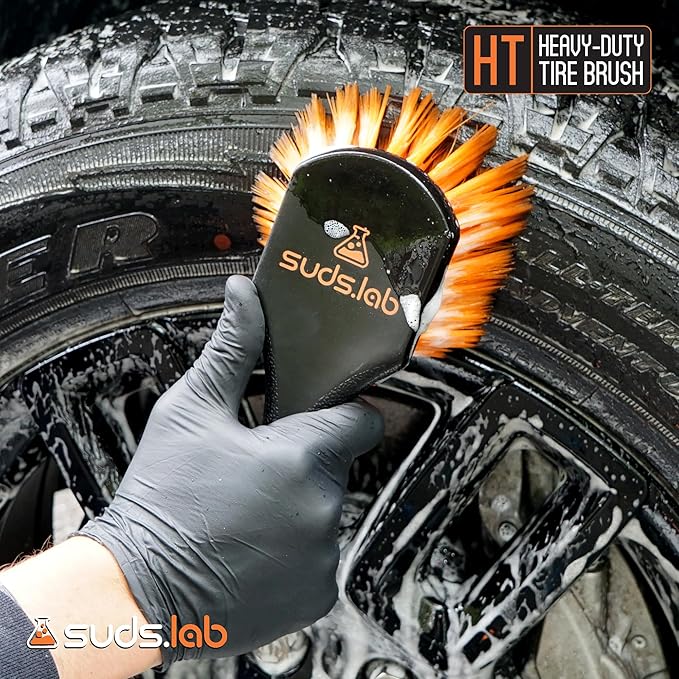 SudsLab HT Wheel and Tire Brush - Rim Cleaner Wheel Brush for Cleaning Car, Truck, Auto, Motorcycle, Detailing Tools, Curved Shape, Black, 8.5 Inch x 3 Inch x 3 Inch