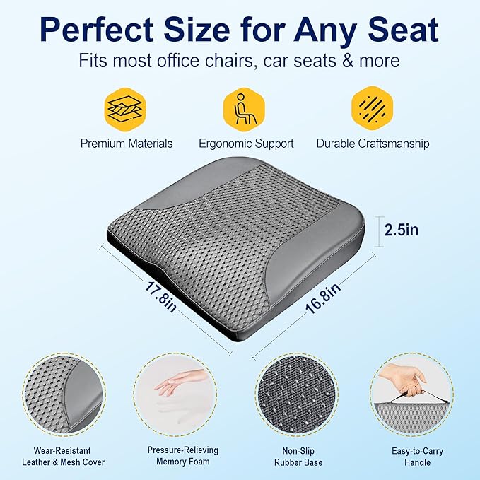 kingphenix Car Seat Cushion – Memory Foam Pad for Driving Comfort – Boosts Height and Relieves Coccyx & Lower Back Pain – Car, Truck, Office Chair (Dark Gray)