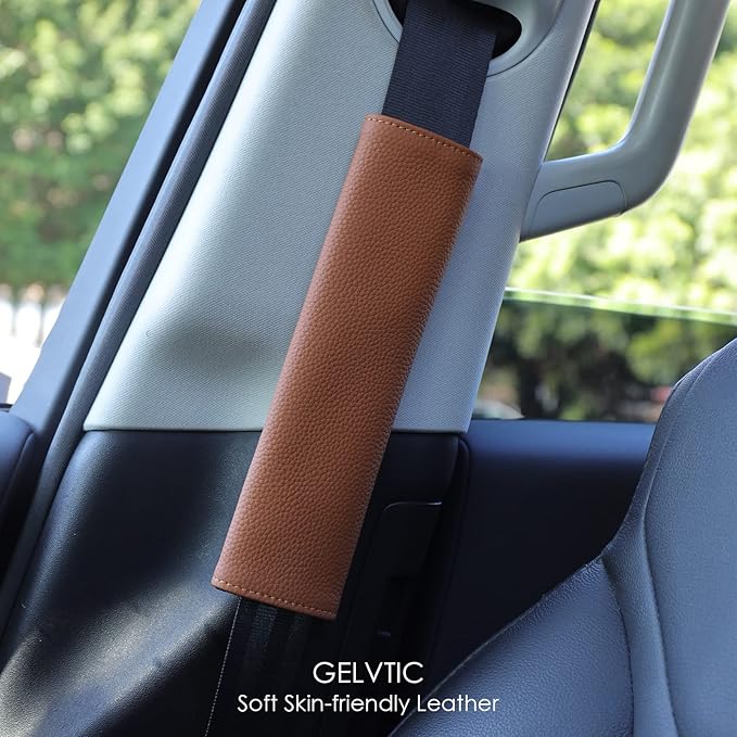 Car Seat Belt Covers for Adults Soft Leather Seatbelt Shoulder Pad Neck Cushion Protector Comfortable Driving Car Accessories Truck SUV Airplane Backpack (SC01Brown-12.4in-1Pack)