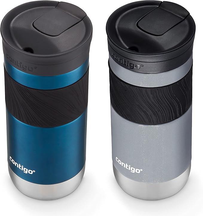 Contigo® SNAPSEAL™ Insulated Stainless Steel Travel Mug with Grip, 16oz., Blueberry Transparent Satin & Gold Morel (Pack of 4)