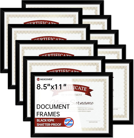 NEXCOVER Diploma Frame Black 10 Pack, 8.5 x 11 Certificate Frame with HD Plexiglass, 8.5 by 11 Picture Frames for Documents, Photos, Posters, Artworks, Horizontal and Vertical Wall Display