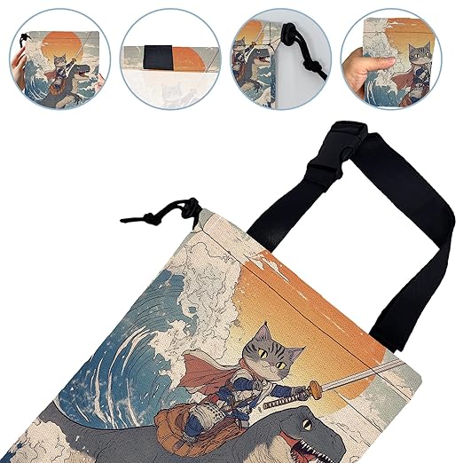 Funny Cat Rides Dinosaur Car Trash Bag,Cowboy Cat on Sea Wave Hanging Drawstring Car Garbage Bag,Canvas Car Back Seat Organizer with Adjustable Buckle for Men and Women