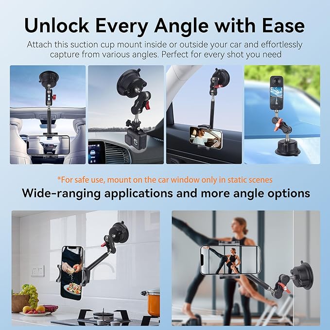 Suction Cup Car Phone Mount, 360°Rotating Car Phone Holder Video Recording, Universal Ball Head Arm for Cellphone Car Holder, Heavy Duty Car Phone Mount for Dashboard, Windshield-SJ003 (Extended)