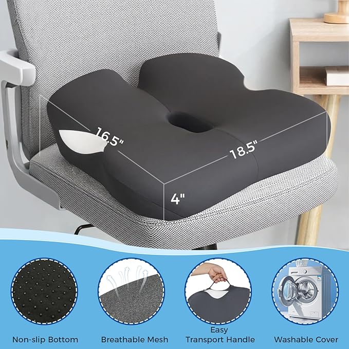 18.5" x 16.5" Extra Large Memory Foam Cushion, Tailbone Pain Relief Cushion for Long Sitting Hip Support, Breathable Donut Pillow Desk Chair Cushion for Office, Home, Driving