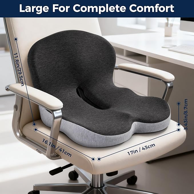 Seat Cushion, Office Chair Cushions for Lower Back Tailbone Protect, Seat Cushions for Office Chair with L-Shaped Ergonomic Design, Memory Foam Chair Cushion for Long Sitting Office Worker(Black Gray)