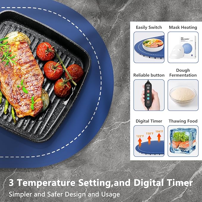 Warming Mat for Food,Temperature Adjustable Food Warmers for Parties Buffet with Timer,Silicone Food warming trays with Heat Proof Base,Roll Up Food Heating Mat for Home & Travel(Blue)