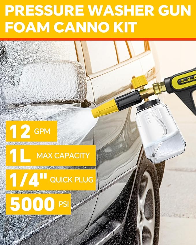 POHIR 5000 PSI Pressure Washer Gun with Foam Cannon, Sprayer Snow Foam Lance Power Washing Gun, 1/4 Inch Quick Connector with Nozzle Tips (Gun+Foam Cannon+Nozzle)