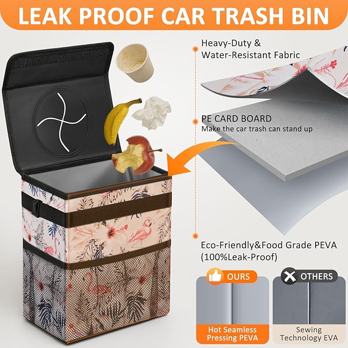 Cute Car Trash Can, Car Accessories for Women Interior Can Trash Bag Hanging Automotive Garbage Cans Pink Flamingo