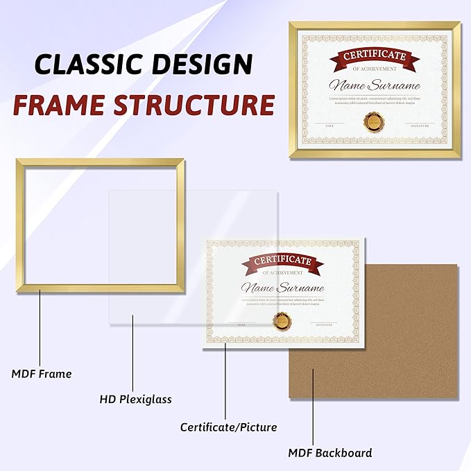 NEXCOVER Diploma Frame Gold 10 Pack, 8.5 x 11 Certificate Frame with HD Plexiglass, 8.5 by 11 Picture Frames for Documents, Photos, Posters, Artworks, Horizontal and Vertical Wall Display