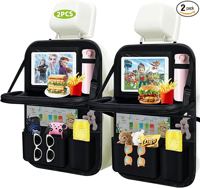 2PC Backseat Car Organizers with Foldable Tablet Holder &Touch Screen Tablet Holder -9+1 Storage Pockets Waterproof Kick Mats Back Seat Protector Car Organizers Road Trip Essentials