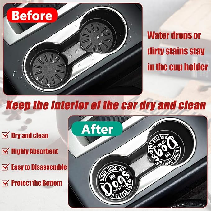 Funny Dog Car Coasters for Cup Holders, Dog Lover Absorbent Ceramic Car Coaster Car Cup Holder Coaster Car Accessories for Women Men (2 Pack)