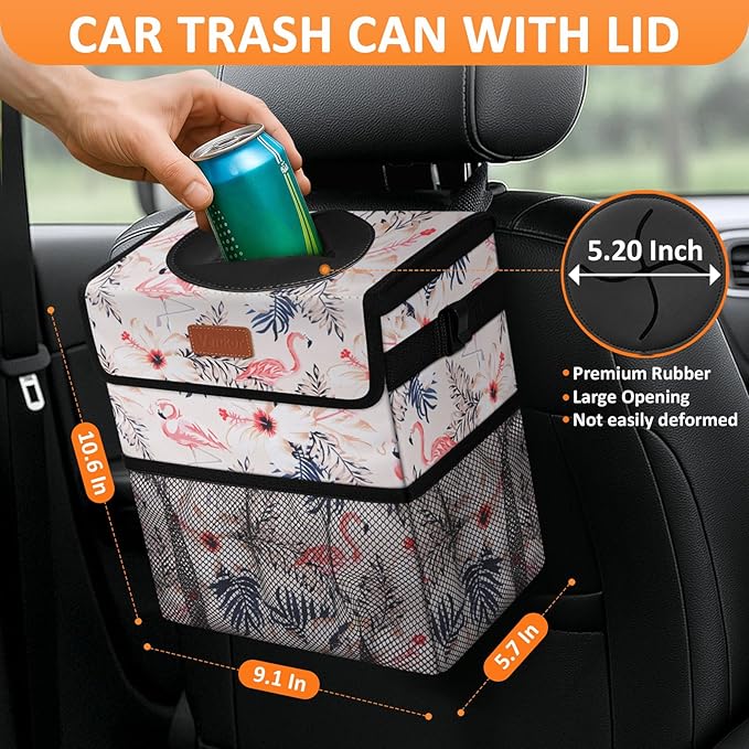 Cute Car Trash Can, Car Accessories for Women Interior Can Trash Bag Hanging Automotive Garbage Cans Pink Flamingo