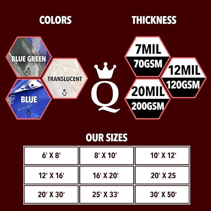 QUEEN OF TARPS | 6x8 Light Duty Tarp Waterproof, 70 GSM is 7 MIL, UV/Tear Resistant Tarp, Camping, Outdoor Furniture, Car, Tents, Painting, Firewood Protection | 6x8, Light Duty