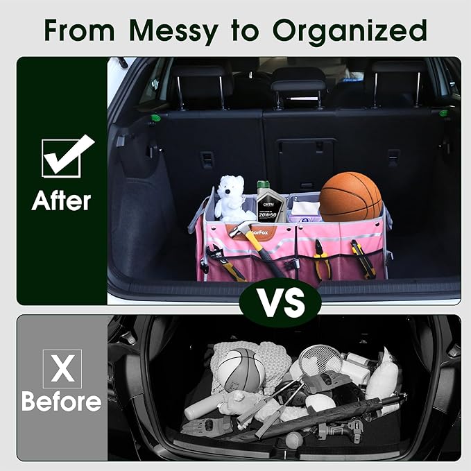 Foldable Waterproof Car Organizer with Non-Slip Traction Rope, 23.2”x13.8”x11.8” Heavy-Duty Trunk Organizer for SUV, Car Essentials List, Portable Vehicle Organizer,PINK-M003