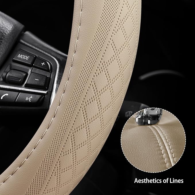 【2025 Model】 Premium Nappa Leather Car Steering Wheel Cover for Men Women, Non-Slip, Breathable, Universal 15 inches Steering Wheels, Beige
