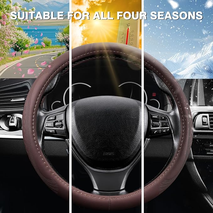 【2025 Model】 Premium Nappa Leather Car Steering Wheel Cover for Men Women, Non-Slip, Breathable, Universal 15 inches Steering Wheels, Brown