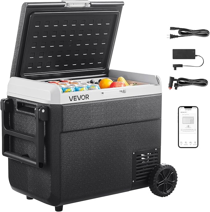 VEVOR 63.4QT/60L Car Fridge, Portable Electric Cooler with Wheels and Handle, -4℉~68℉, 12/24V DC and 100-240V AC Compressor Freezer for Outdoor, Camping, Travel, RV, Black