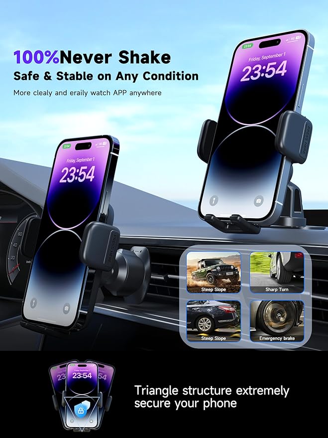 Car Phone Mount for Air Vent & Dashboard, Universal Clip Holder with 360° Rotation, One-Button Release Car Phone Holder Compatible iPhone Samsung Google Smartphones, Truck Car Accessories