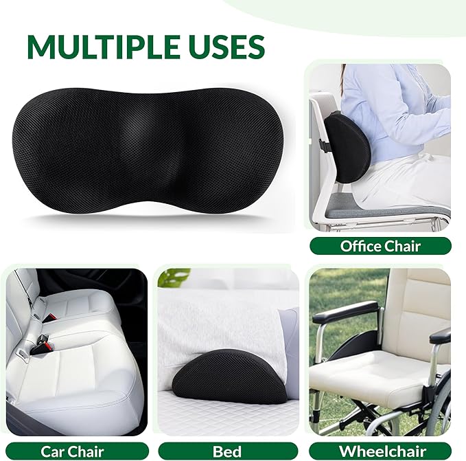 Lumbar Support Pillow for Office Chair, Charcoal Memory Foam Lumbar Pillow for Car Bed Recliner, Lower Back Support Pillow for Pain Relief (Black)