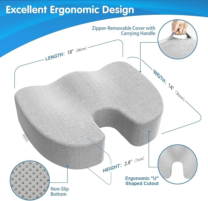 Bomdaia Seat Cushion for Office Chair, Memory Foam Coccyx Cushion Pad, Desk Chair Car Seat Cushion for Tailbone, Sciatica, Lower Back Pain Relief (Gray)