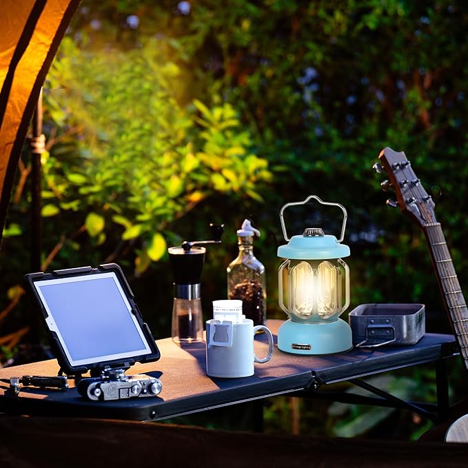 Rechargeable LED Camping Lanterns, Vintage Camping Lights Battery Operated, Portable Retro Metal Glamping Lights for Hiking, Hurricane, Decoration, Power outages, Blue, 2 Pack