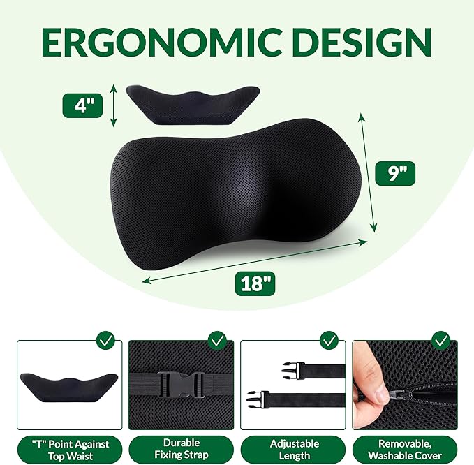 Lumbar Support Pillow for Office Chair, Charcoal Memory Foam Lumbar Pillow for Car Bed Recliner, Lower Back Support Pillow for Pain Relief (Black)