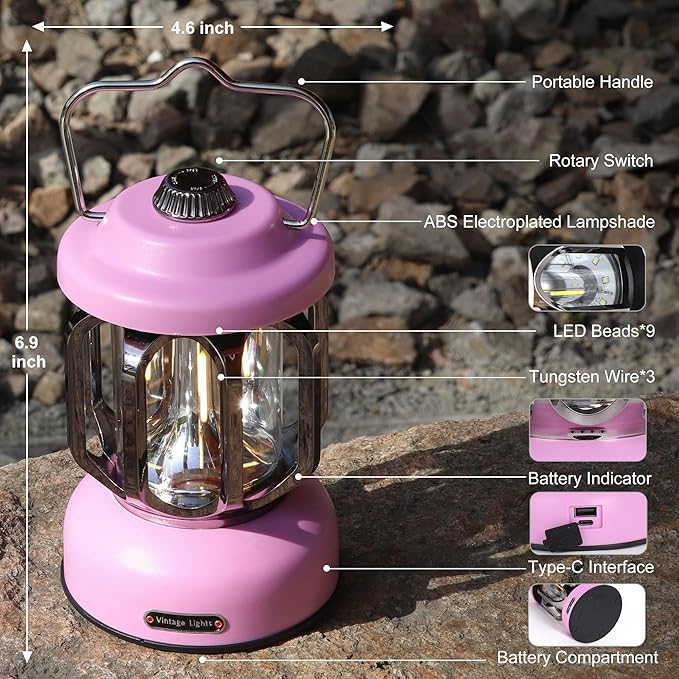 Rechargeable LED Camping Lanterns, Vintage Camping Lights Battery Operated, Portable Retro Metal Glamping Lights for Hiking, Hurricane, Decoration, Power outages, Pink, 2 Pack