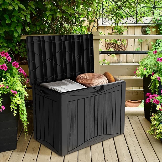 TARKARI 50 Gallon Lockable Resin Deck Box, Waterproof & UV-Resistant Outdoor Storage Box for Outdoor Cushion Storage, Garden Tools & Pool Accessories Storage, Black