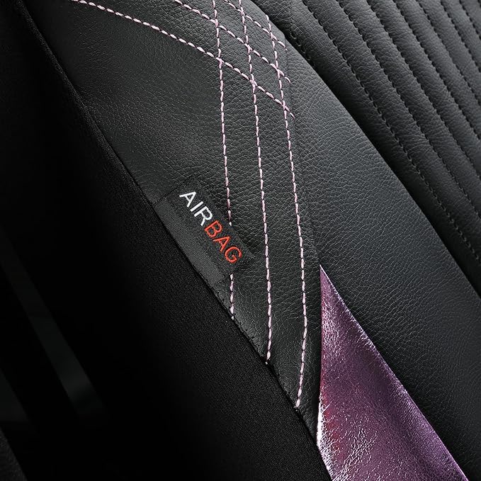 Flying Banner Synthetic Leather car seat Covers Full Set Front and Rear Bench Fashion Easy Installation Cup Holder Free (Black & Pink, Low Bucket - Full Set)