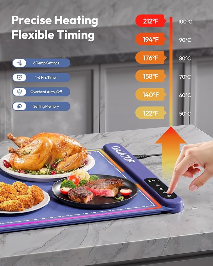 Gaiatop Food Warmers for Parties Buffet with Trivet, RGB Edge, Electric Warming Mat for Countertop, 6 Temp Level 122℉-212℉, 6 Timer Settings, Full-Surface Fast Heating, Portable Silicone Food Warmer