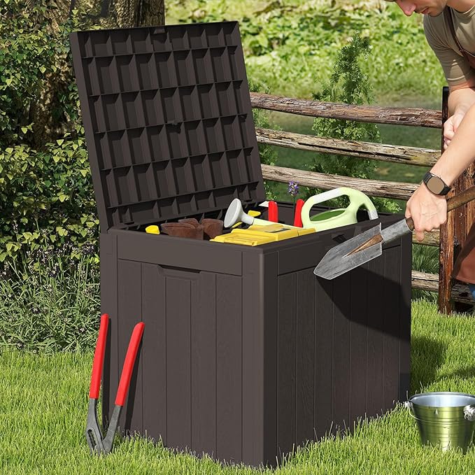 Sweetcrispy Deck Box with 31 Gallon Capacity, Weatherproof Resin Lockable Outdoor Storage for Secure Package Deliveries and Indoor Storage in Garden or Patio, Backyard