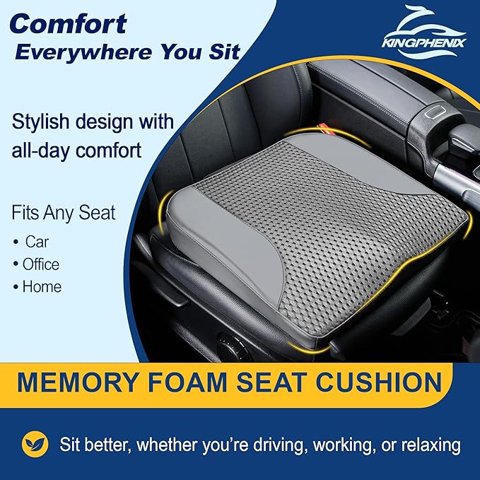 kingphenix Car Seat Cushion – Memory Foam Pad for Driving Comfort – Boosts Height and Relieves Coccyx & Lower Back Pain – Car, Truck, Office Chair (Dark Gray)