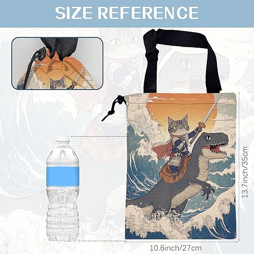 Funny Cat Rides Dinosaur Car Trash Bag,Cowboy Cat on Sea Wave Hanging Drawstring Car Garbage Bag,Canvas Car Back Seat Organizer with Adjustable Buckle for Men and Women