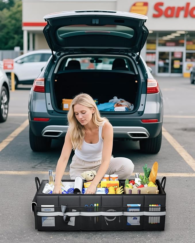 HOTOR Trunk Organizer - Car Organizer with Built-In Leakproof Car Cooler, Collapsible Trunk Organizer with Cooler for SUV, Sedan, with Base Panel (3 Compartments, Black),31.9"×12.6"×10.6"