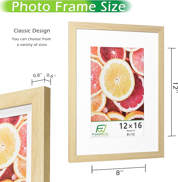 FrameWorks 2-Pack, 12x16 Matted to 8x12 Picture Frame, Natural Oak – Classic Wooden Photo Frame with Tempered Glass, Modern Matte Finish for Prints, Posters, Certificates & Wall Decor – Gallery-Ready