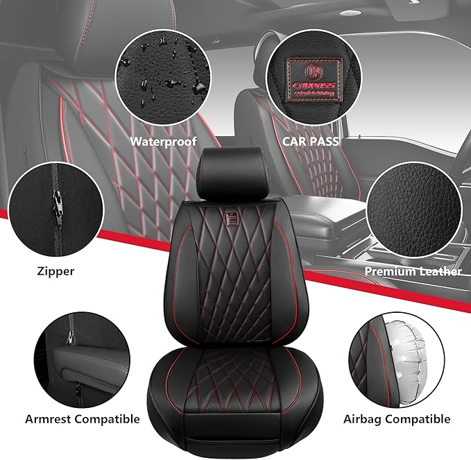 CAR PASS Nappa Leather Car Seat Covers Full Set, Luxury Seat Protector for Cars, Waterproof Anti-Slip Seat Cushion Airbag Compatible Fit for Most Cars Vehicles SUV Trucks, Airbag Compatible, Black Red