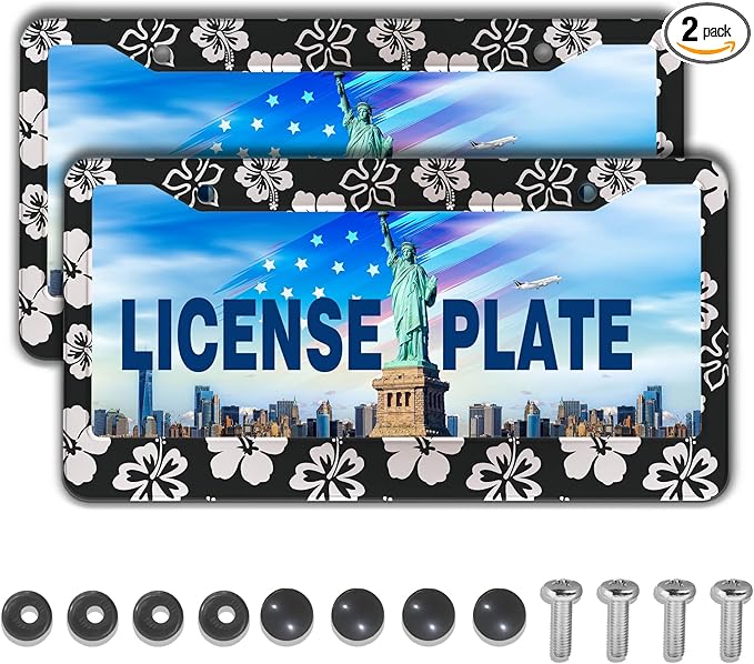 Automotive Exterior Accessories Black and White License Plate Frames Beautiful Hibiscus Flowers Universal Aluminum Car Accessory 2 Pack with Screw Covers Set